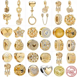 925 Sterling Silver Golden Charm Crown Family Tree Safety Chain Hollow Beads for Original Pandora Bracelets Women Jewelry DIY