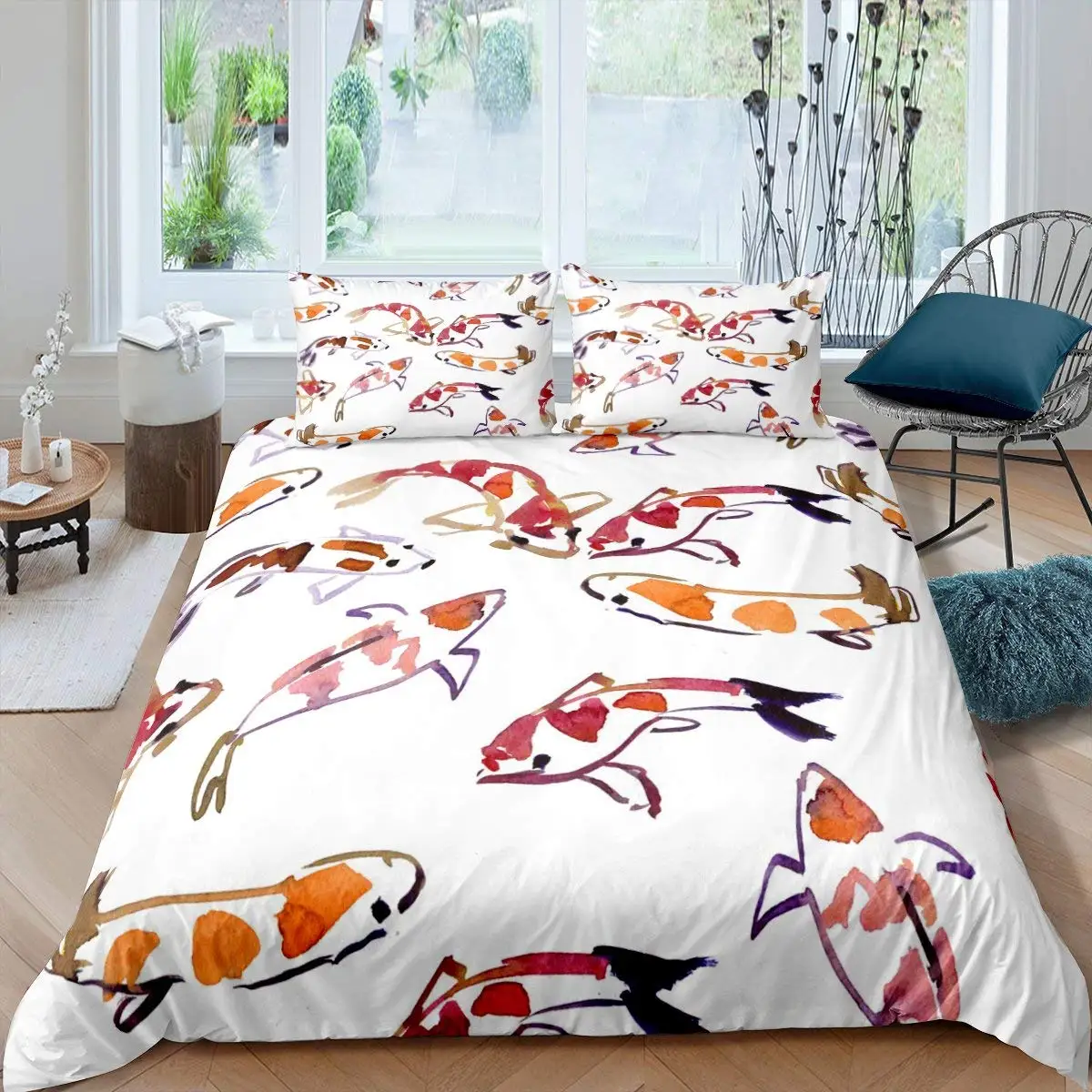 Koi Fish Duvet Cover Set King Queen Size Lucky Fish  Flowers Colourful 3D Print Comforter Cover For Kids Polyester Bedding Set