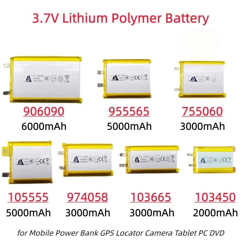 3.7V 5000mAh 3000mAh Lithium Polymer Battery 906090 955565 755060 974058 103665 103450 3.85V 105555 for Mobile Power GPS PC DVD