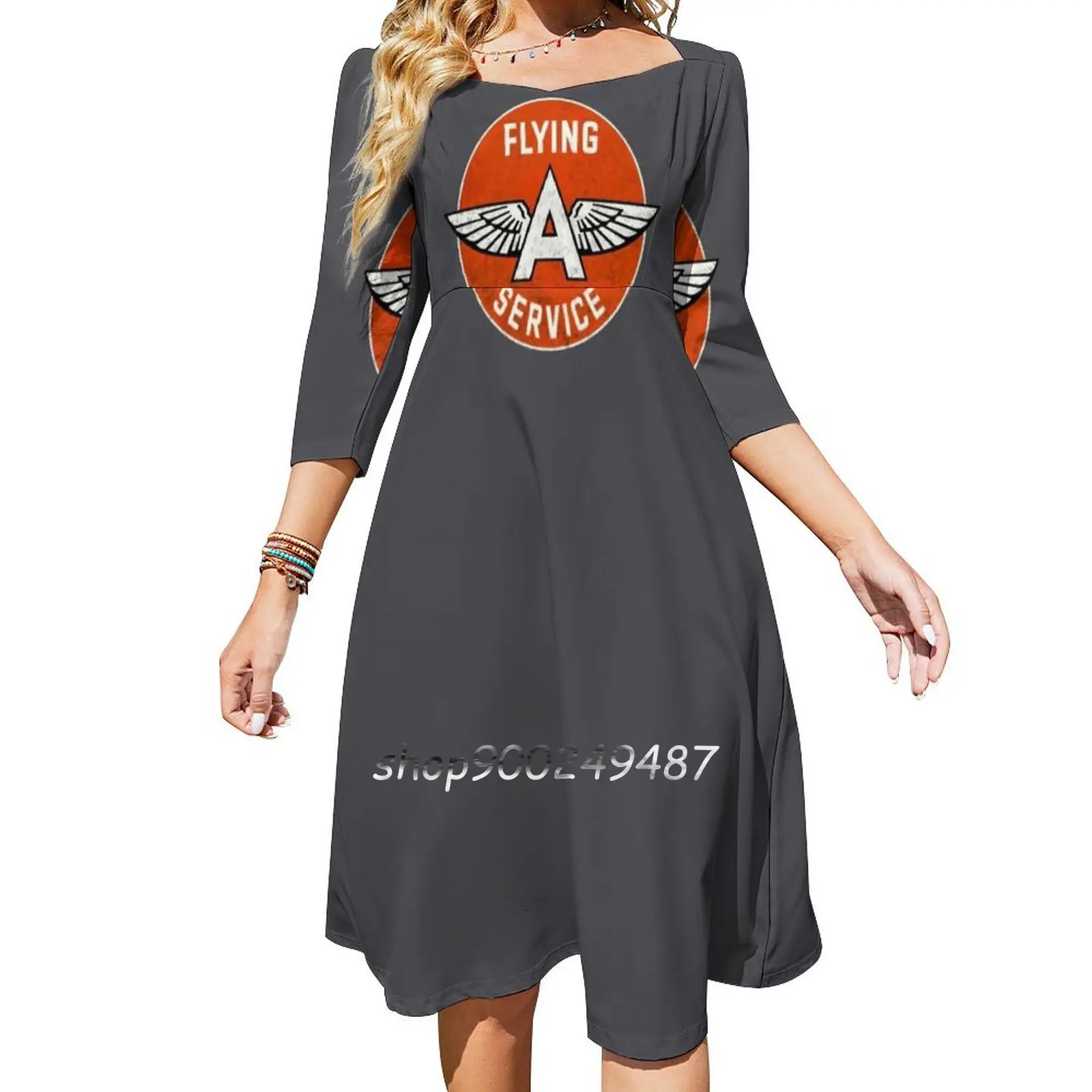 Flying A Service Gasolene-Vintage Logos Square Neck Dress New Plus Size Elegant Women Waist Tight Dress Retro Logo Vintage