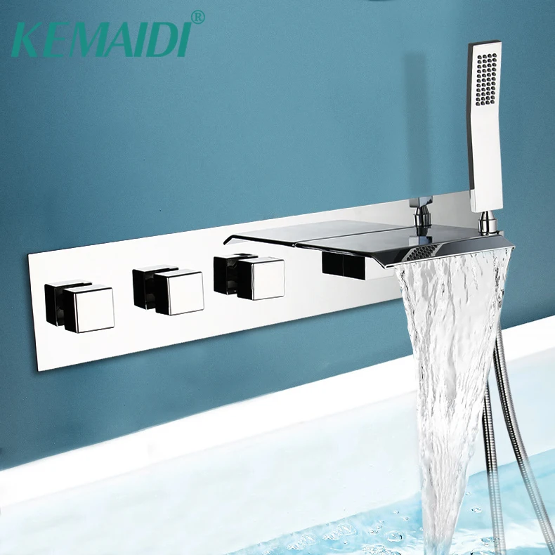 KEMAIDI Bathroom Chrome Polished Joint Pipe Bathtub Shower Faucet Bathroom Shower Faucet Set Solid Brass Waterfall Spout Mixer 