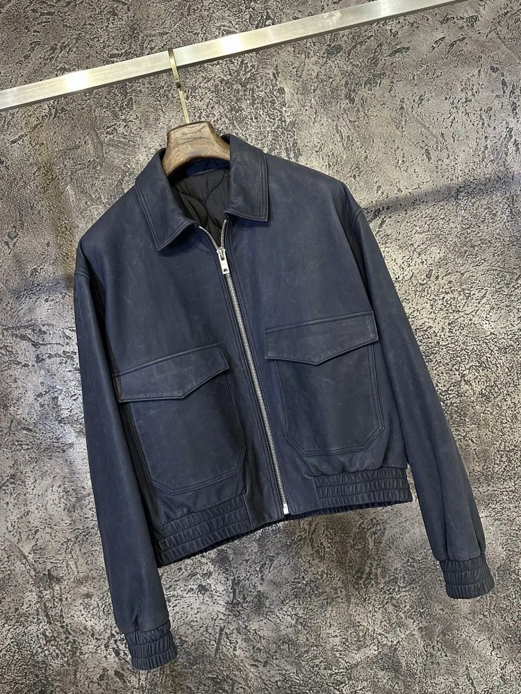 Veste en cuir véritable pour hommes, Streetwear, automne hiver, col rabattu, doublure rembourrée, haute qualité, décontractée, ample, manteau court en peau de chèvre