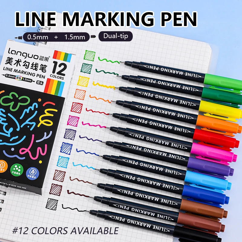 

12 Colors/Box Dual-Tip Line Marking Pen Colored Drawing Art Marker Pens 0.5mm & 1.5mm for Painting Diary Noting Stationery