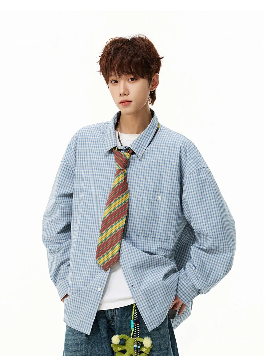 

Retro Japanese Blue Plaid irt Men's Spring College Sle Casual Layering Miu Long Sve irt Jaet Loose Fit Breathable