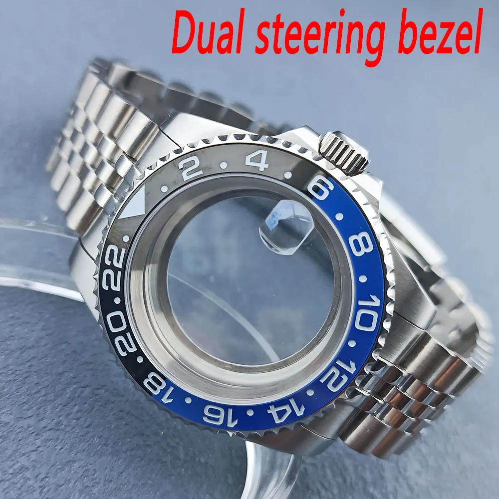 40mm dual steering GMT Silver watch case Stainless steel sapphire glass transparent back cover Silver Jubilee steel strap