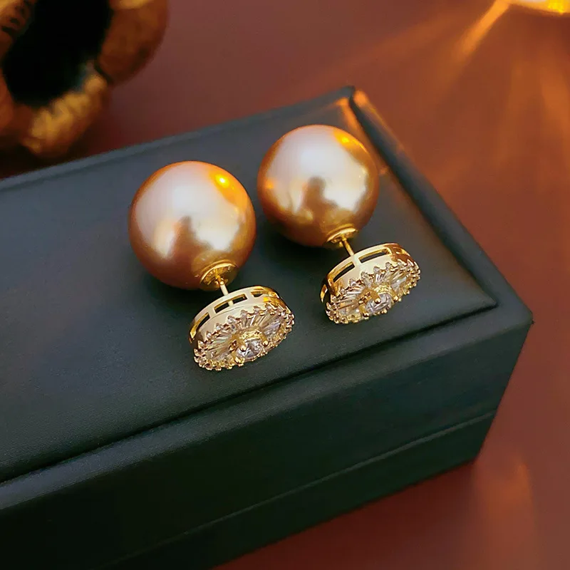 14k Gold Plated Champagne Imitation Pearl Stud Earrings Women Luxury Zircon Nail Earring Personality Charm Reversible Jewelry V1