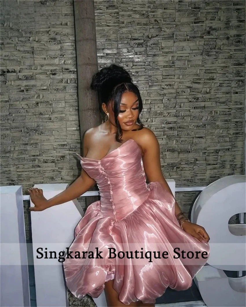

Shiny Pink Strapless Mini Prom Gowns Black Girl Button Front Ruffled Party Gown Cocktail Evening Dress vestidos de gala Customiz