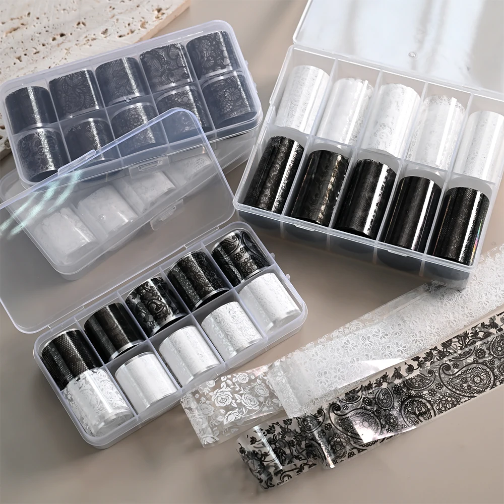 10 rotoli/scatola adesivo per lamina per unghie in pizzo bianco nero foglio di trasferimento fiore decalcomanie per nail art adesivi per manicure decorazione unghie acriliche