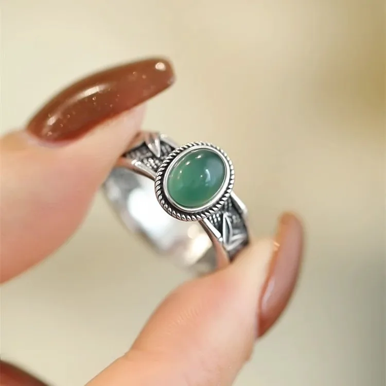 

925 Sterling Silver Open Finger Ring Green Oval Vintage Bamboo Leaf Floral Elegant For Women Jewelry Gift Dropship Wholesale