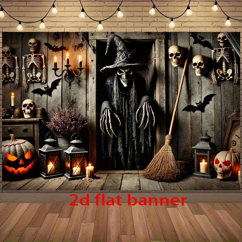 Halloween Witch Tapestry, Scary Skeleton & Pumpkin Wall Hanging, Horror Party Decor for Bedroom Living Room Background