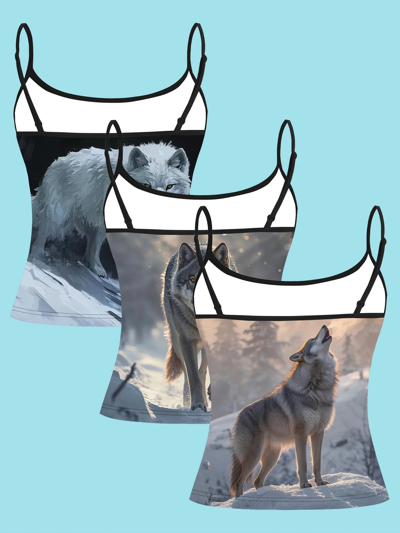 3-Pack Snow Wolf Animal Print Camisole for Women, Stylish and Cool Slim-Fit Sleeveless Summer Base Camisole