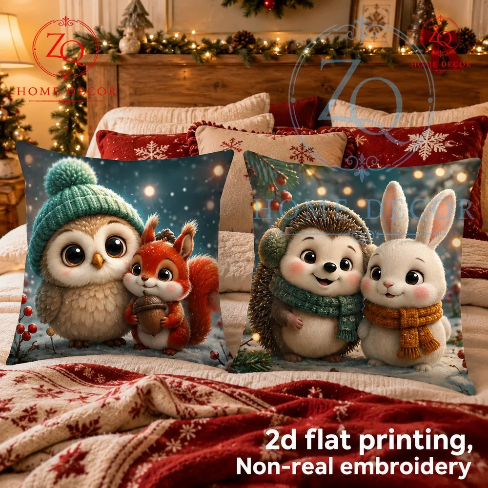 The winter snow scene paired with cute  comting animal figures crees a warm  cozy mosphere