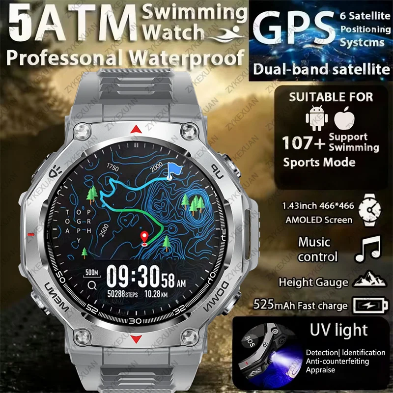 

T-Rex 3 GPS Smart Watch 5ATM Waterproof 1.43 inch AMOLED HD Screen BT Call Flashlight Military Sport Smartwatches Men 2025 New