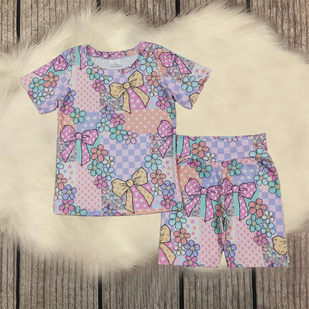 

Children Infant Outfit Baby Girl Set Toddler Short Sleeves Flower Bows Shirt Kids Hearts Plaid Shorts Pajamas Clothes Wholesale