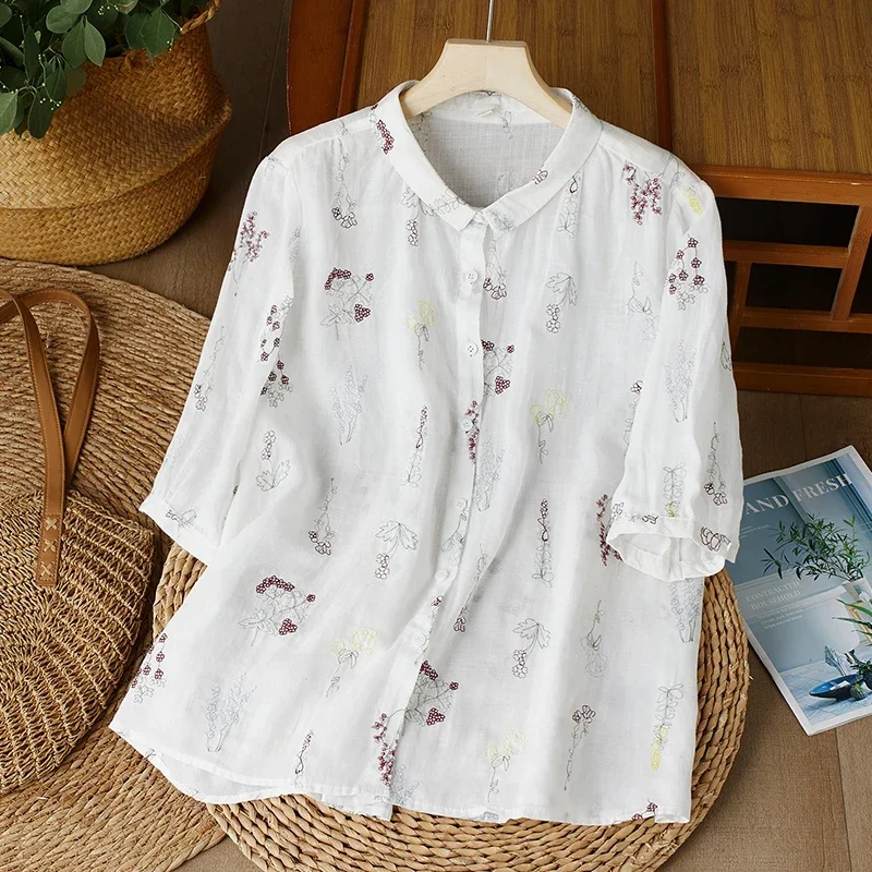 Embroidery Chinese Style Women Blouses Summer Cotto Linen Tops Loose Short Sleeve Clothing Sales Korean Women's Shirts