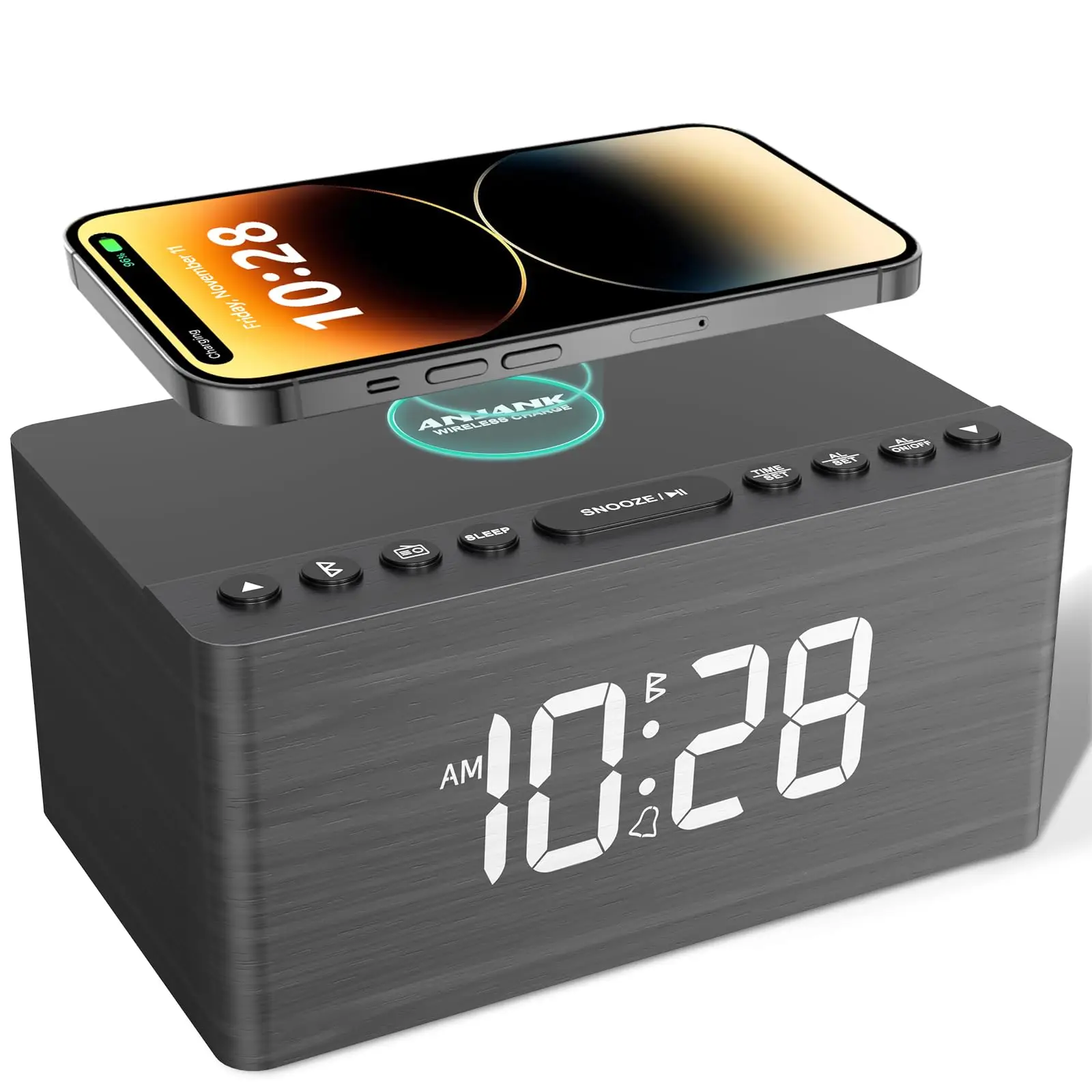 ANJANK Wooden Bluetooth Speaker Alarm Clock Fm Radio,Wireless Charging Station for iPhone/Samsung,USB Charger Port,0-100%Dimmer