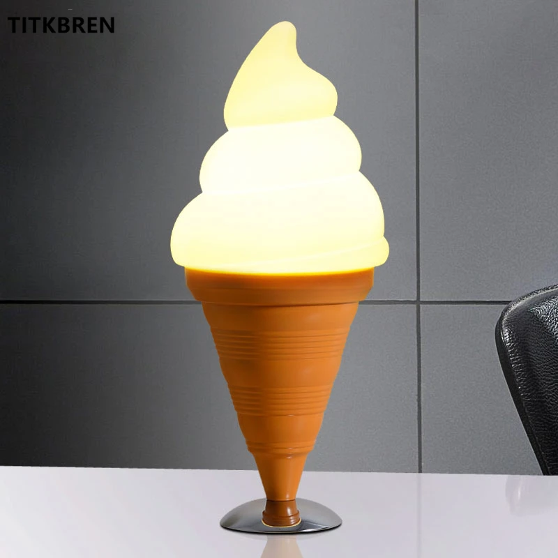 Creative Ice Cream Cones Table Lamp Dessert Shop Cafe Bar Restaurant LED Desk Light With Switch Kids Bedroom Art Decor Fixtures