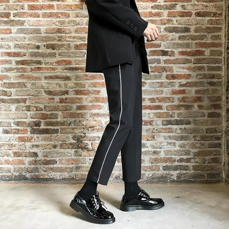 Male Suit Trousers Fluid 9 Cropped Straight Black Draped Slacks Up Formal Classic Men\'s Summer Pants High Quality New in Fashion