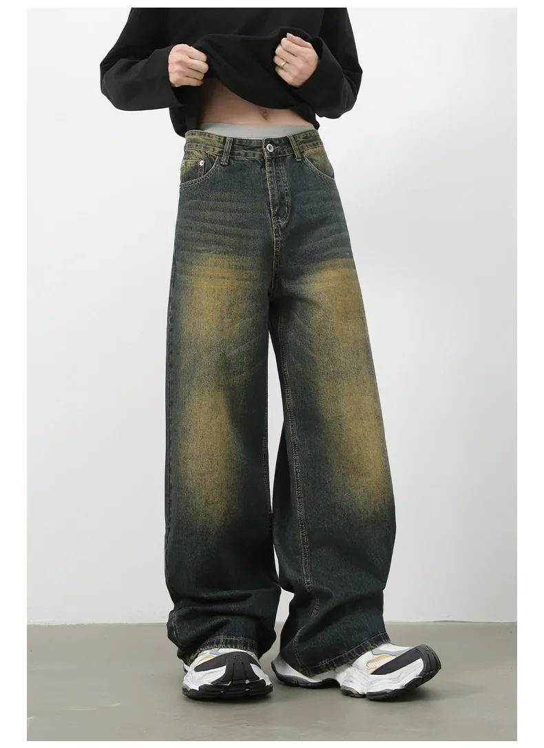 Korean Fashion Men's Denim Pants Vintage Washed Male Jeans Straight Men Casual Loose Wide Leg Trousers Y2k Japanese Streetwear