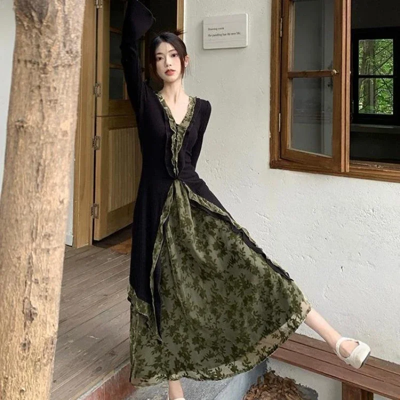 Primavera outono feminino estilo chinês retro preto plissado cardigan saias 2 peça conjunto senhora graciosa magro casaco longo saia floral ternos