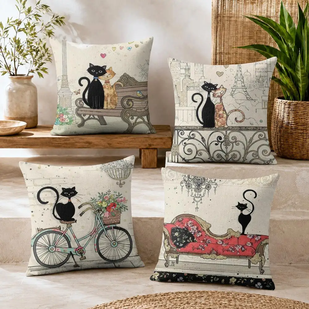 Tiny Black Kitten Cushion Cover Summer Coolness Linen Organic Fabric Sofa Pillow Case Double-Sided Printing Home Decor