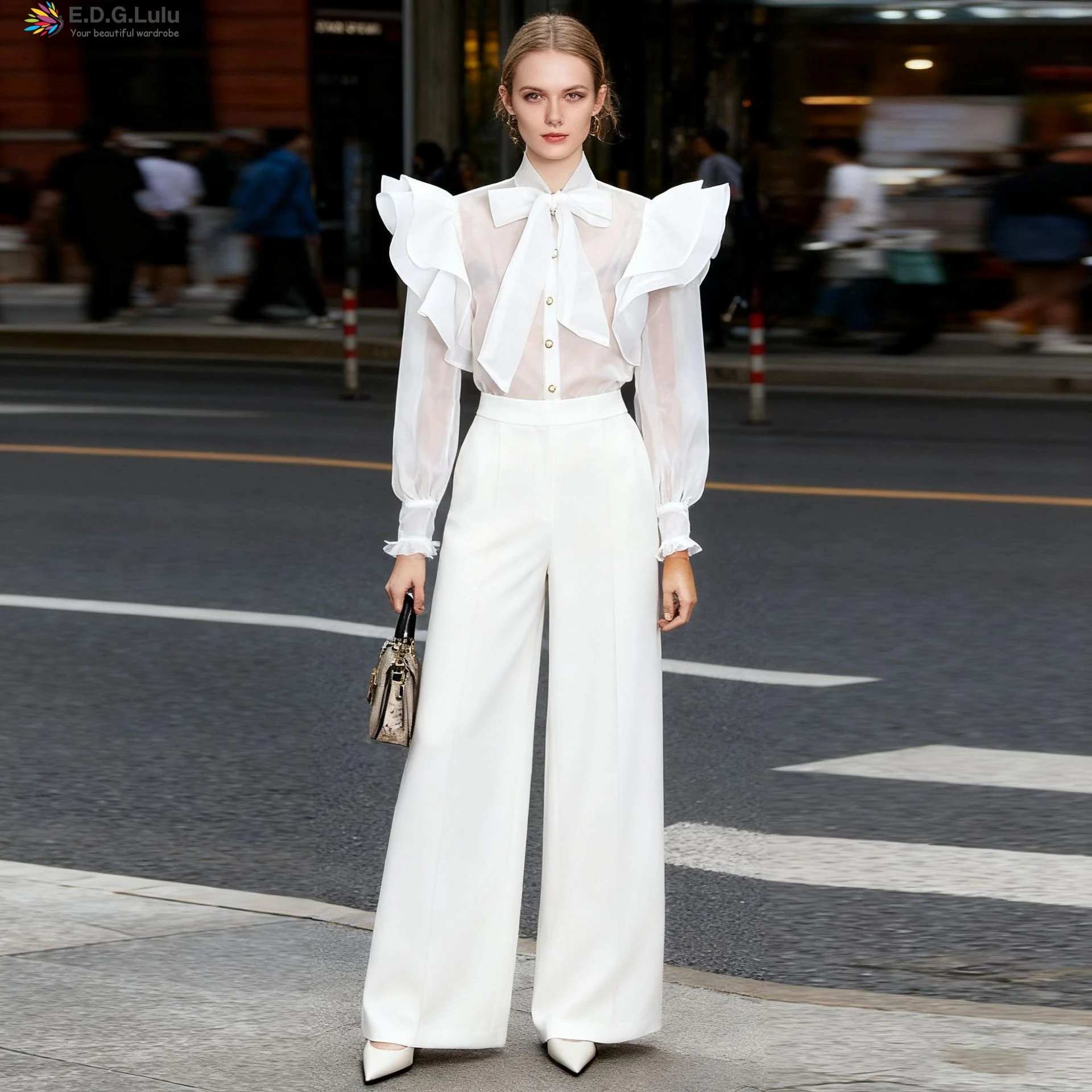 

EDGLuLu 2025, осенний новый дизайн, воротник-стойка, шнуровка с бантом, прозрачный белый сетчатый топ, модная блузка с длинными рукавами 1007