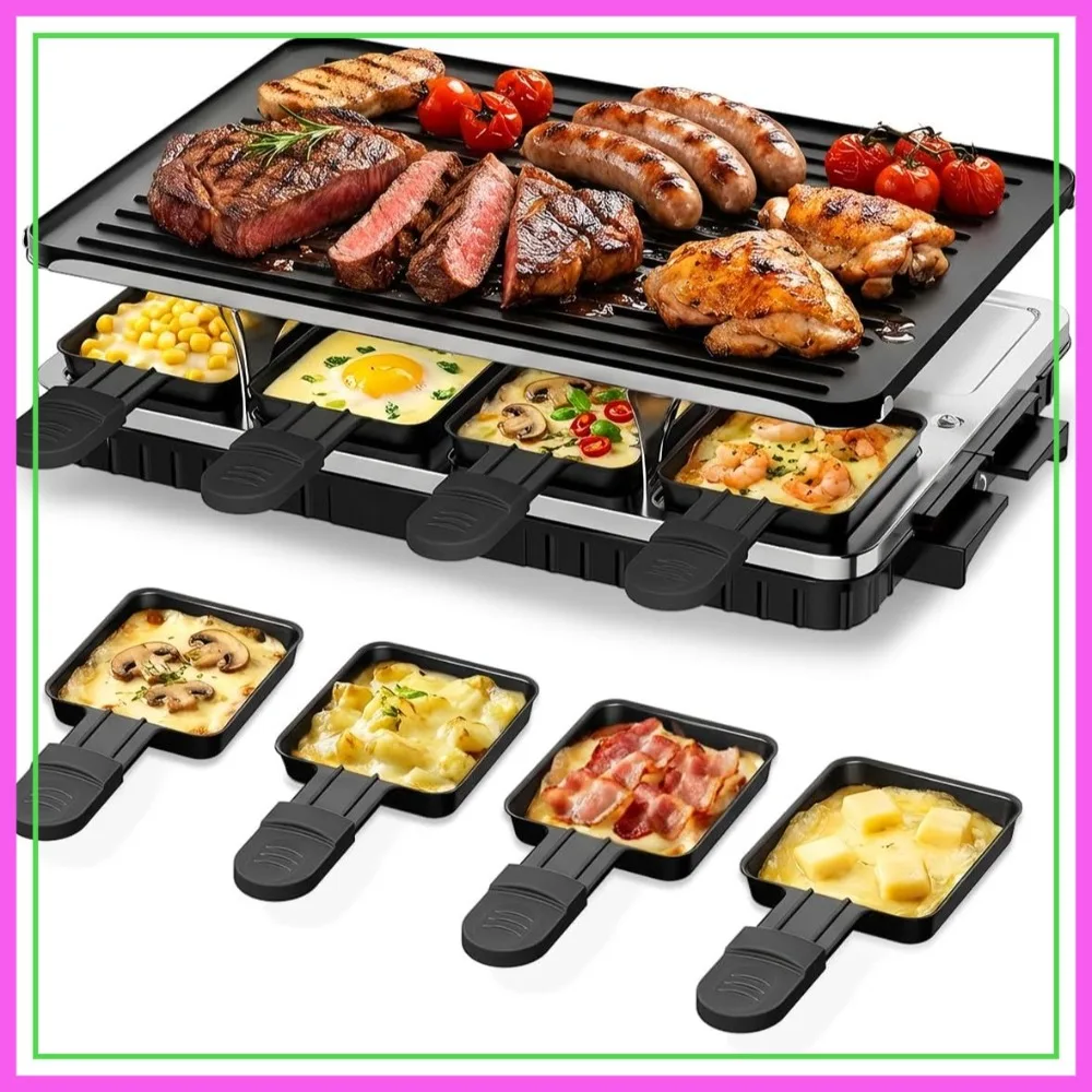 

Electric Raclette Table Grill with 8 Warming Trays, 2-in-1 Korean BBQ & Griddle Nonstick, Adjustable Temp Control, 1300W, Indoor Family Party