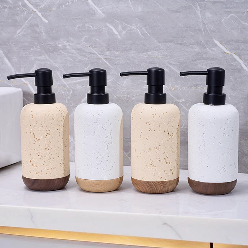 Imitation Travertine Soap Dispenser Walnut Base Black Press Pump Can Fill Hand Sanitizer Bottles, Bathroom Kitchen Bottles