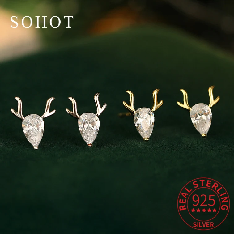 

Real 925 Sterling Silver Minimalist Zircon Deer Stud Earrings for Women Trendy Christmas Fine Jewelry Animal Accessories