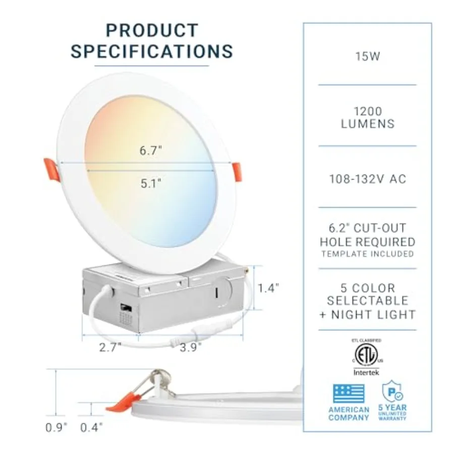 PARMIDA Inch 5CCT LED Recessed Ceiling Light with Night Light, 2700K/3000K/3500K/4000K/5000K Selectable Ultra-Thin Lighting, 15