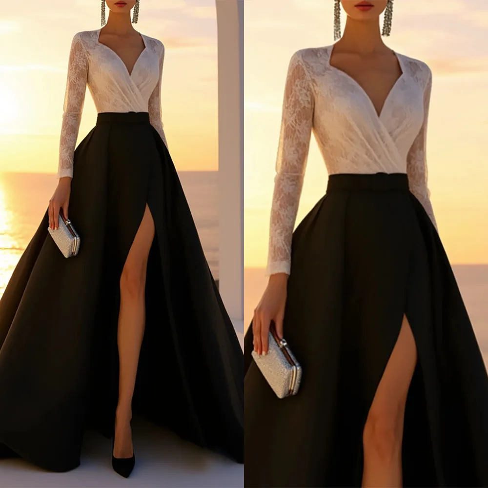 

High Quality Customized V-neck Full Sleeves High Fork Color Contrast Floor Length Lace Vestidos Para Bodas Mujer Invitada فستان