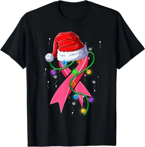 NEW Breast Cancer Christmas Santa Hat Pink Ribbon Xmas Tree Snow T-Shirt S-5XL