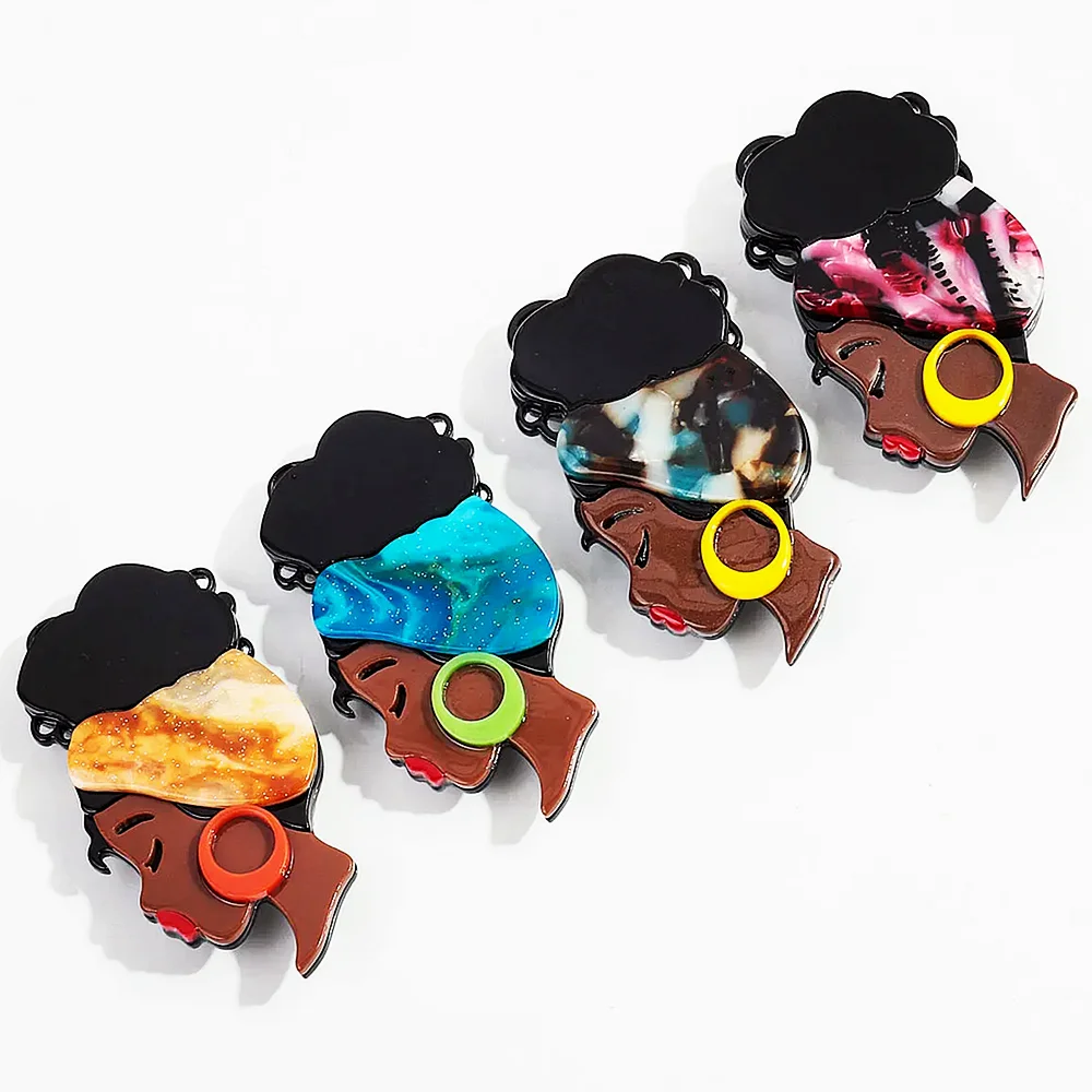 Cute Acrylic Africa Lady Brooches Pins for Women Unisex Black Hair Girl Wear Big Earrings Figure Brooch Badges Clothing Jewelry