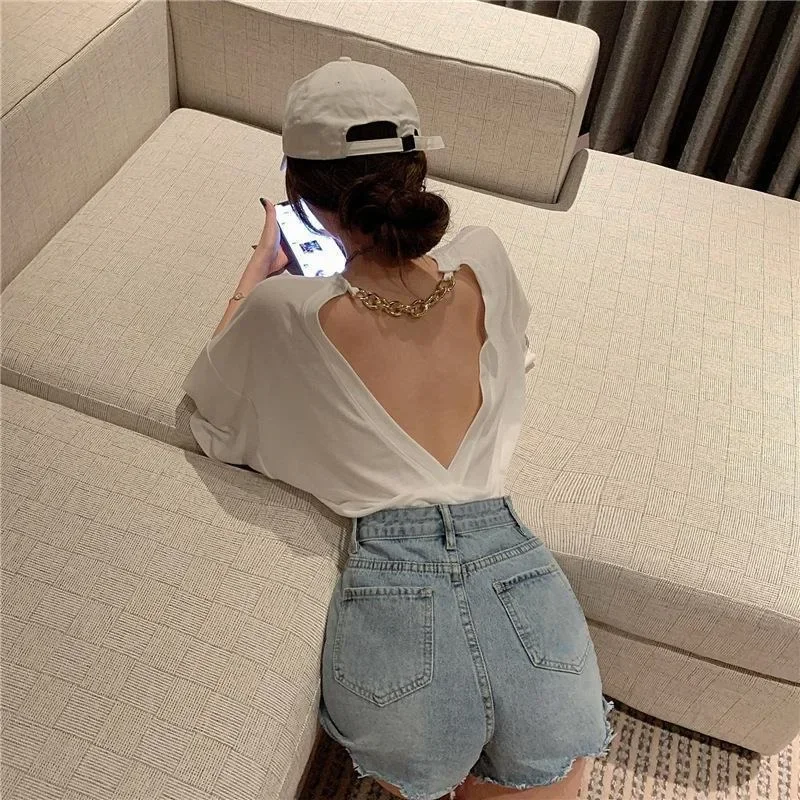 

Women New Metal Chain Hollow Out Shirts Summer Casual Backless Tops Fashion Short Sleeve Sexy Solid Colors Bottoming T-shirts