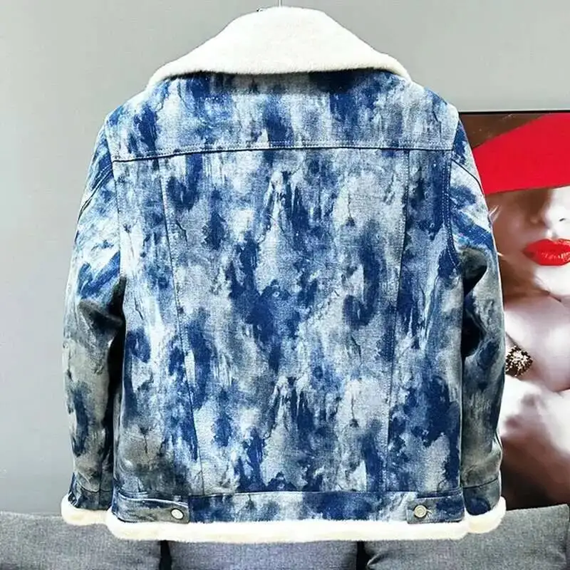 Plush Design Men's Denim Fur Parka Jacket Sequin 2024 Patchwork Contrast Color Long Sleeve Male Tops Streetwear XDS45
