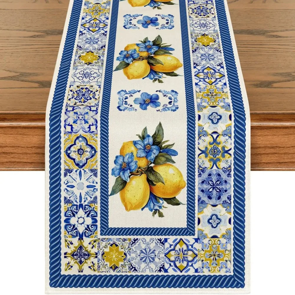 VIKAMA Linen Table Runner Summer Lemon Blue Porcelain Reusable Wedding Dining Table Decor