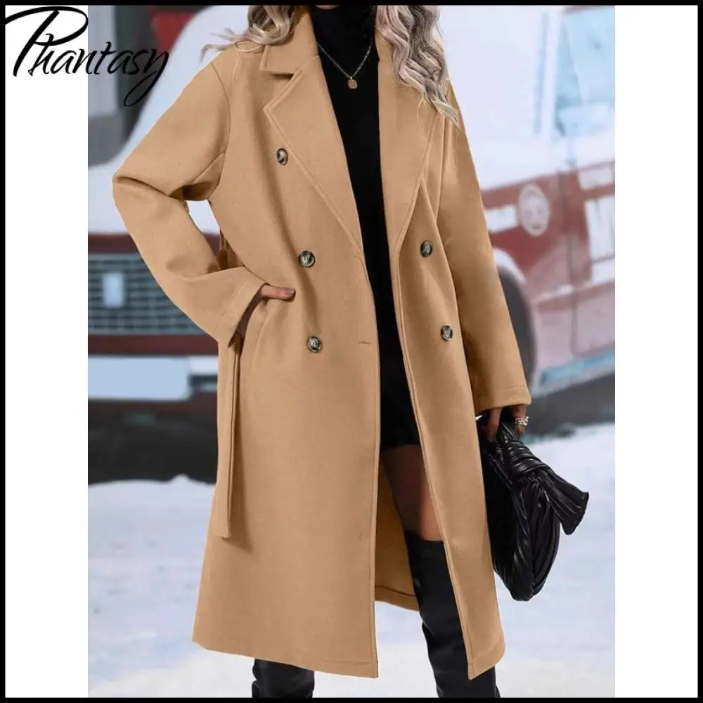 Women Elegant Kahki Wool Blend Long Coat Office Lady Lapel Double Breasted Belted Trench Coat Fashion Loose Mid Length Outerwear