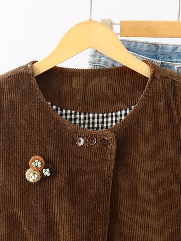 Gilet rotondo chic in velluto a coste Ne Capispalla da donna Autunno dimagrante a righe in velluto abbottonato Faionable Commute Sle Jaet