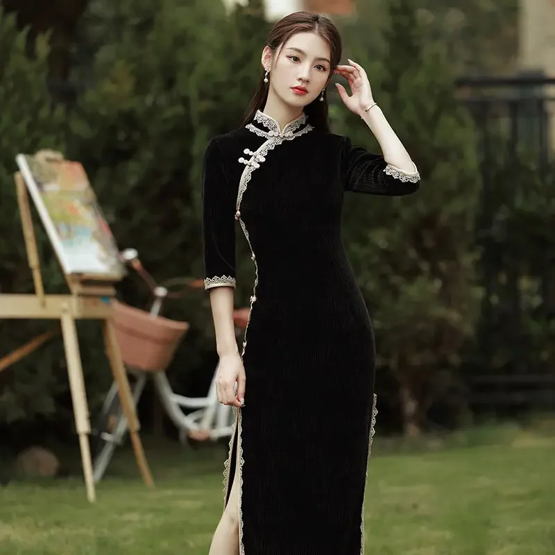 

Черное улучшенное женское платье Cheongsam, осень 2024, новое элитное элегантное платье Ципао с длинными рукавами в китайском стиле в стиле ретро, зима