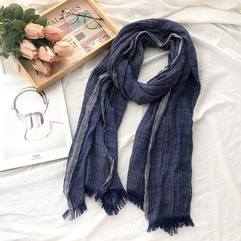 2025 New Fashion Stripe Solid Color Cotton and Hemp Scarf Outdoor Leisure Scarf for Men and Women