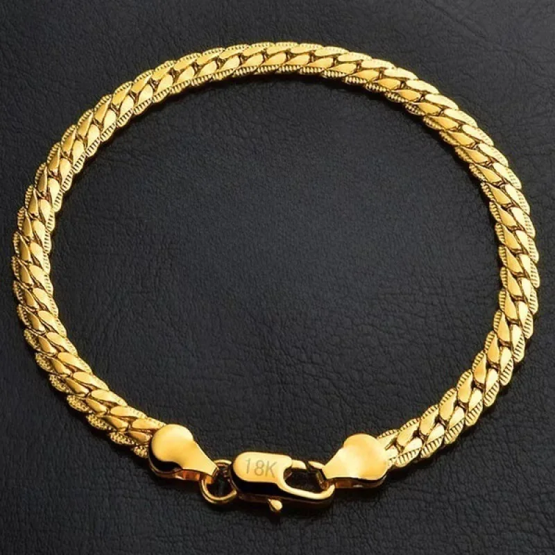 18K Gold 925 Sterling Silver Bracelets For Men Women Simple 5mm 20cm Flat Side Chain Bracelet Unisex Charm Jewelry Gifts
