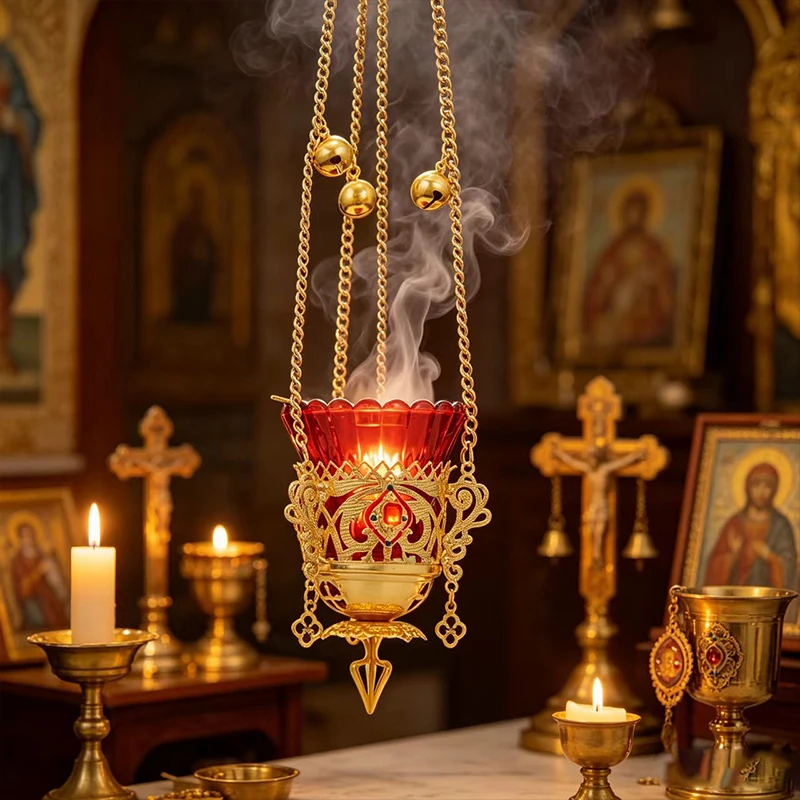 High End Gilded Orthodox Hanging Oil Lamp Hand Carved Hollow Lace Red Crystal Decor Bell Chain Cathedral Priest Sacred Altar Pra
