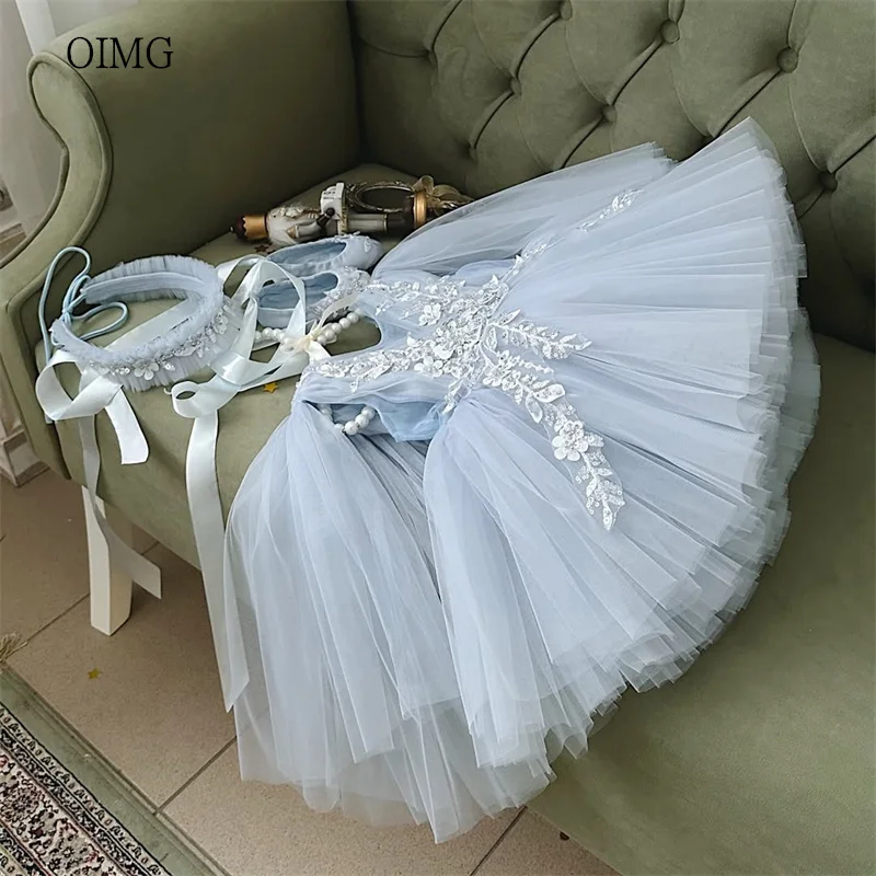 OIMG Sky Blue A-line Flower Girl Dresses 3D Flowers-detailed Mesh Wedding Party Gown Knee Length Birthday Dress niñas Customized