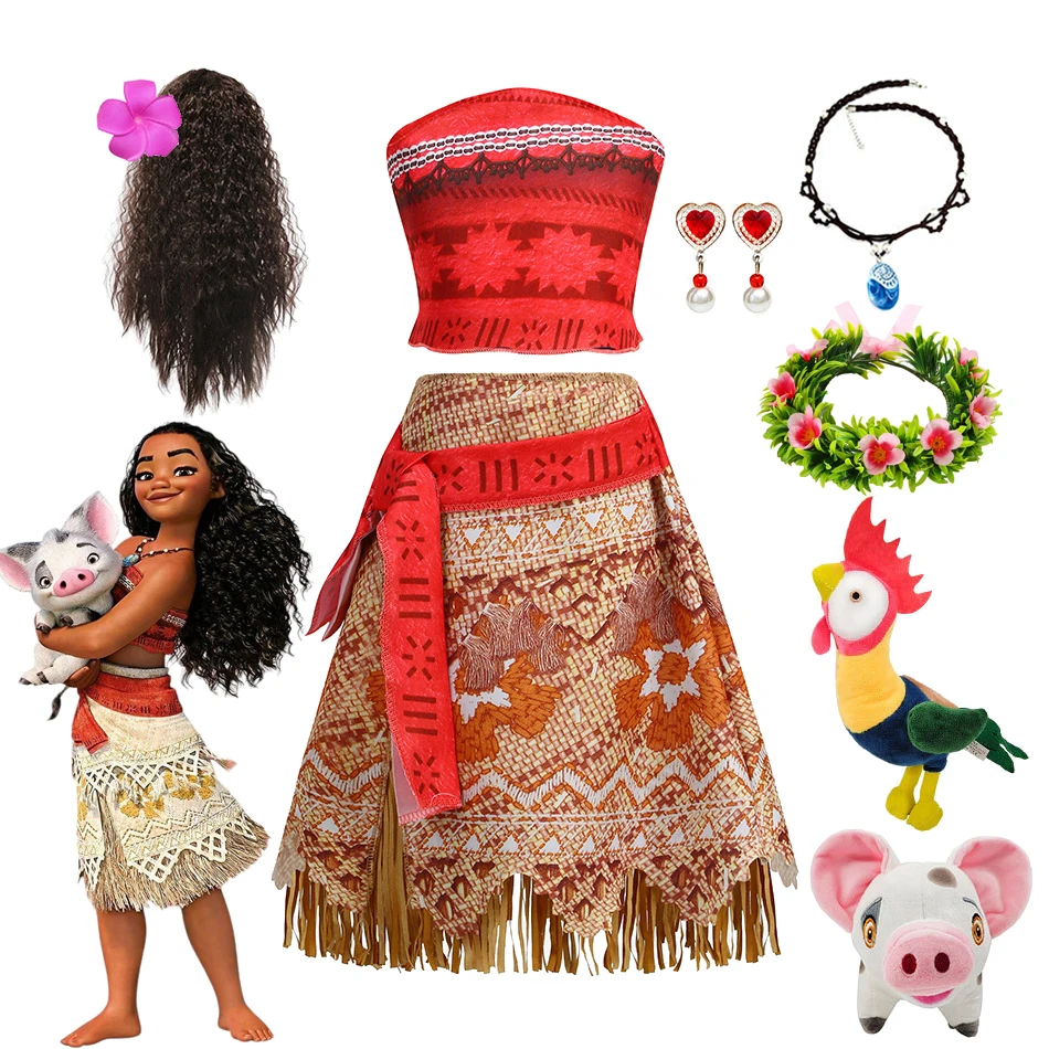 Girls Moana Vaiana Fantasy Tassel Dress Children Summer Carnival Clothing Set Kids Princess Dress Cosplay Birthday Party Costume