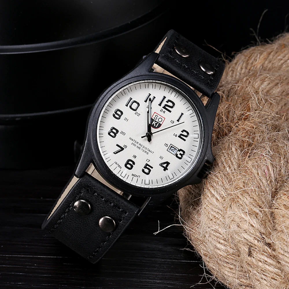 2024 Vintage Classic Stainless Steel Waterproof Date Leather Strap Men Watch Sport Quartz Army Fashion Digital Clock