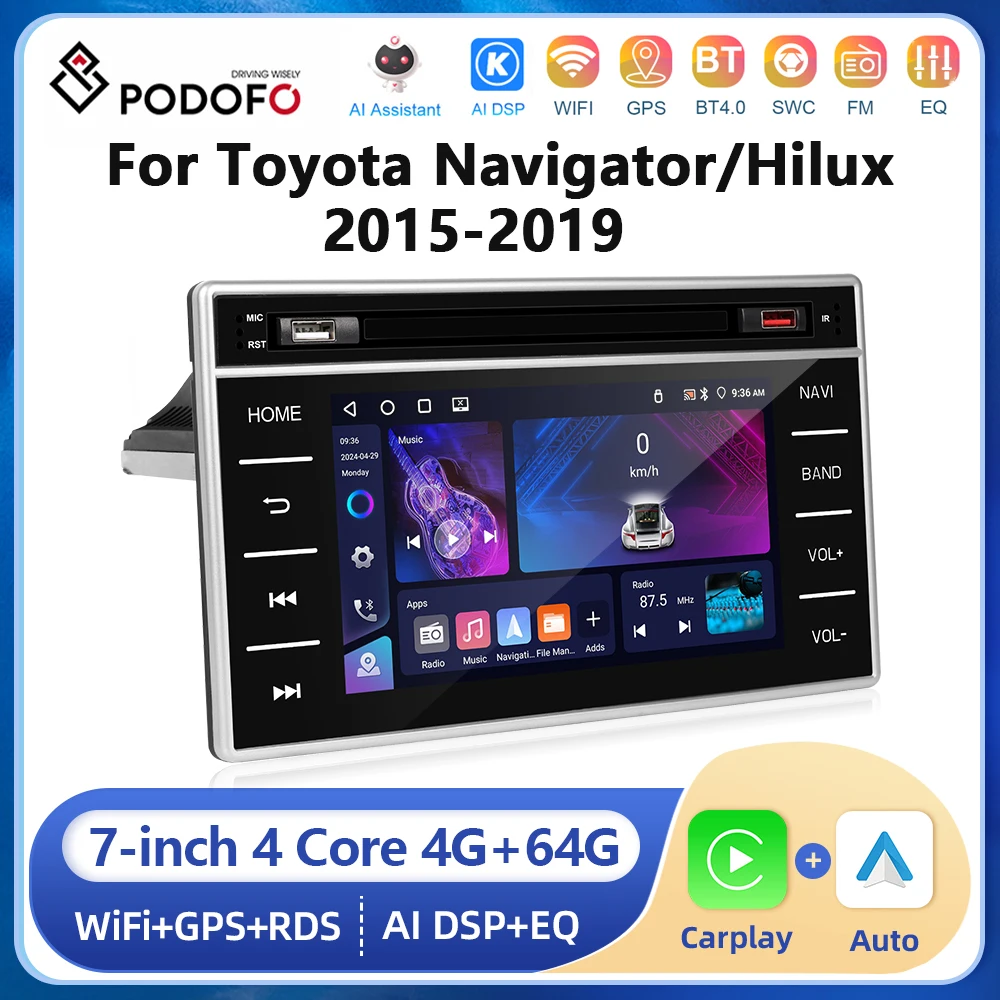 

Podofo 1din 7inch Car Stereo Radio For Toyota Navigator/Hilux 2015-2019 Wireless Carplay Android auto Bluetooth FM Car Player