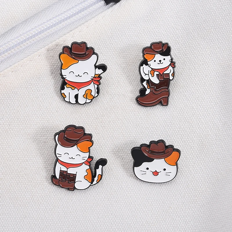 Cartoon Cowboy Cat Enamel Pins Creative Cute Cowboy Boot Hat Tabby Cat Brooches Jacket Lapel Badge Jewelry Gifts for Friends