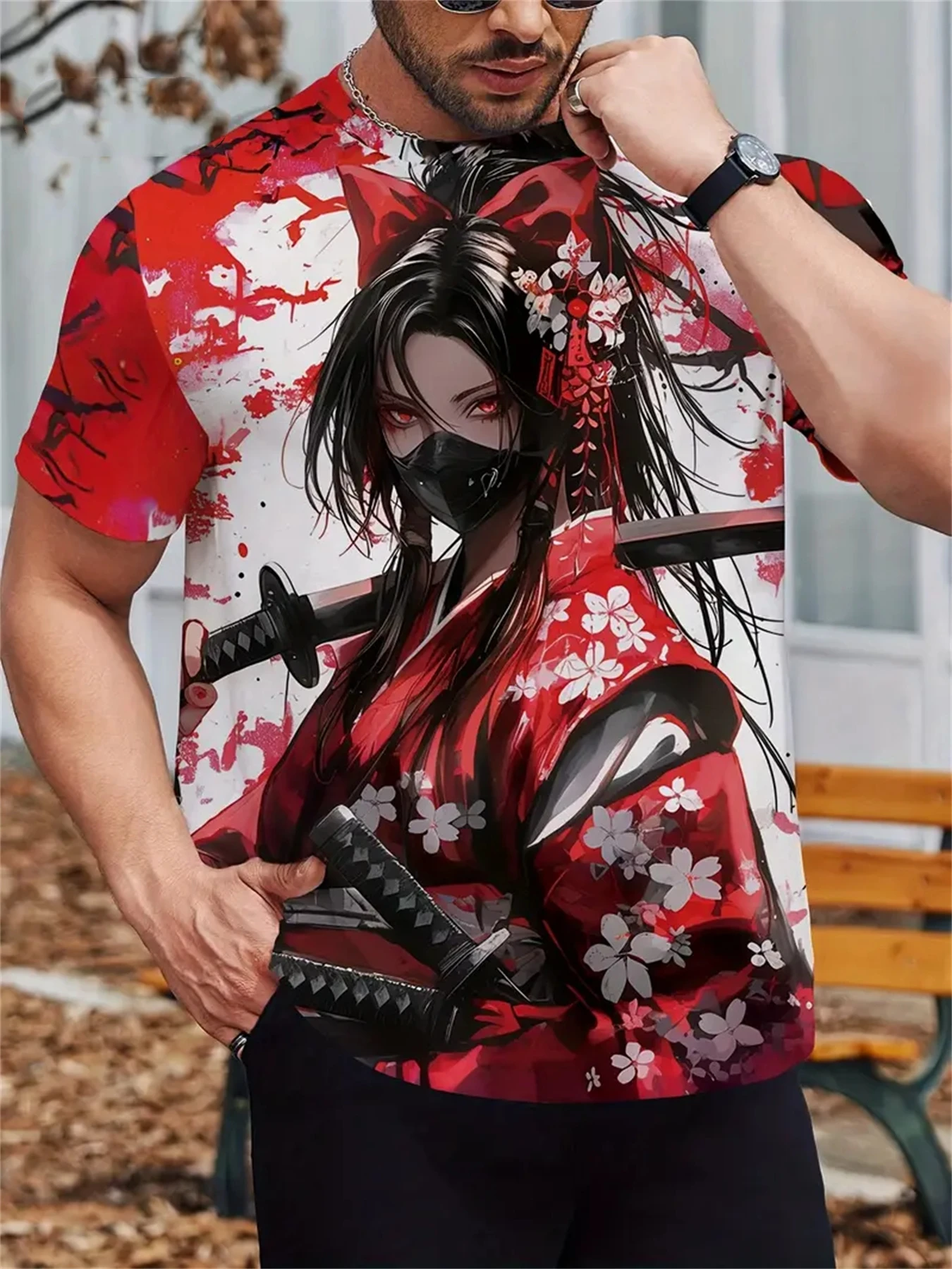 Sakura Samurai Pattern Men's T Shirt Japanese Anime Harajuku Short Sleeve Tees Hip Hop Trend Streetwear Casual O-neck Loose Tops