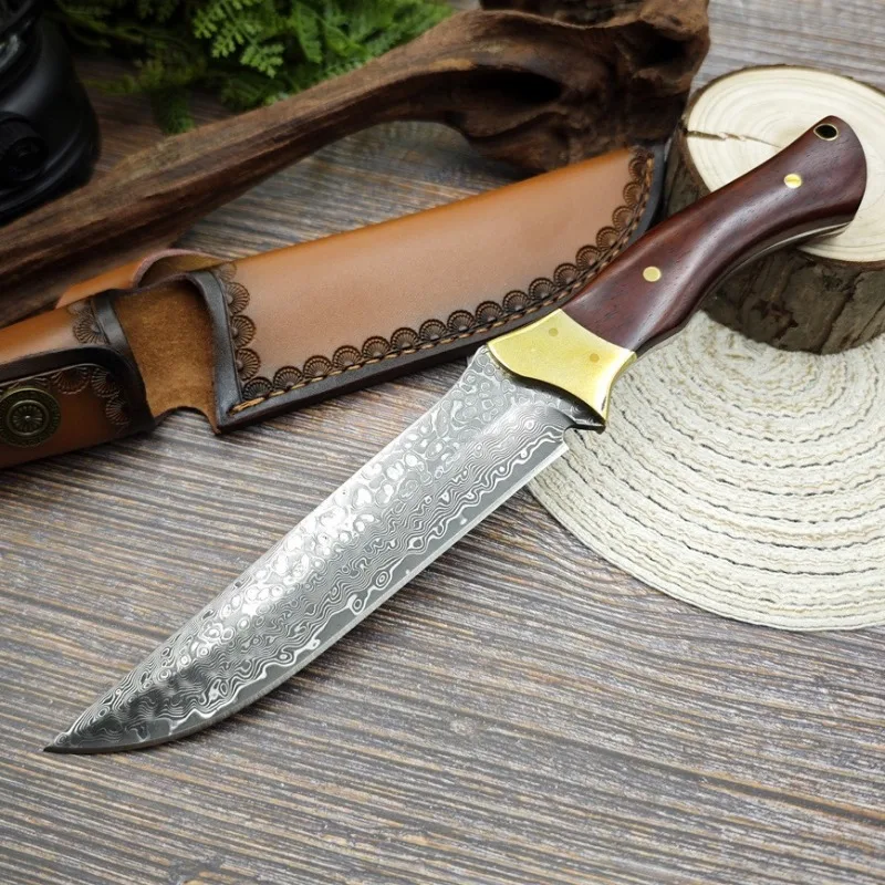 

High Hardness VG10 Damascus Blade Red Sandalwood Handles Combat Knife Outdoor Wilderness Survival Camping Portable EDC Tools