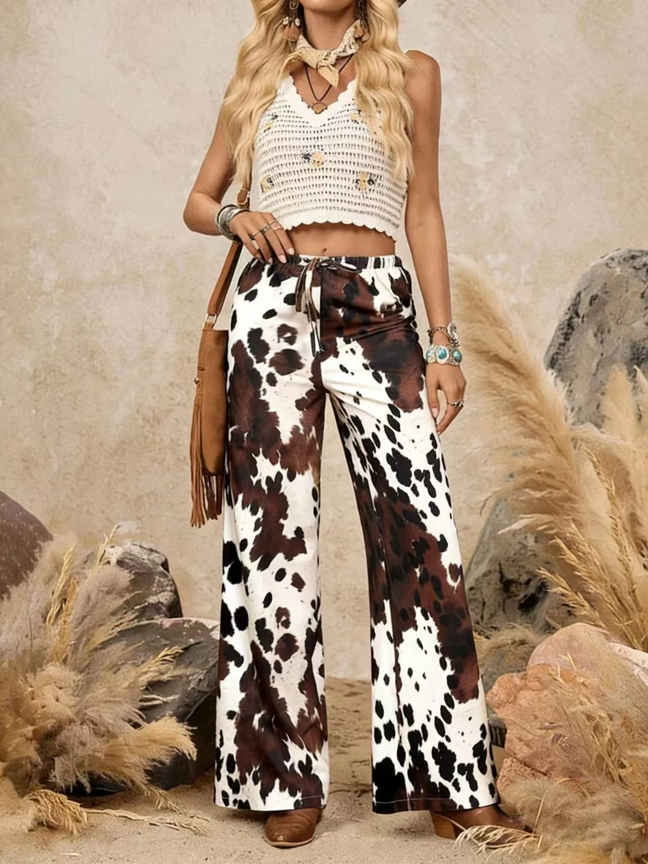 

Western cowboy print drawstring wide-leg jeans